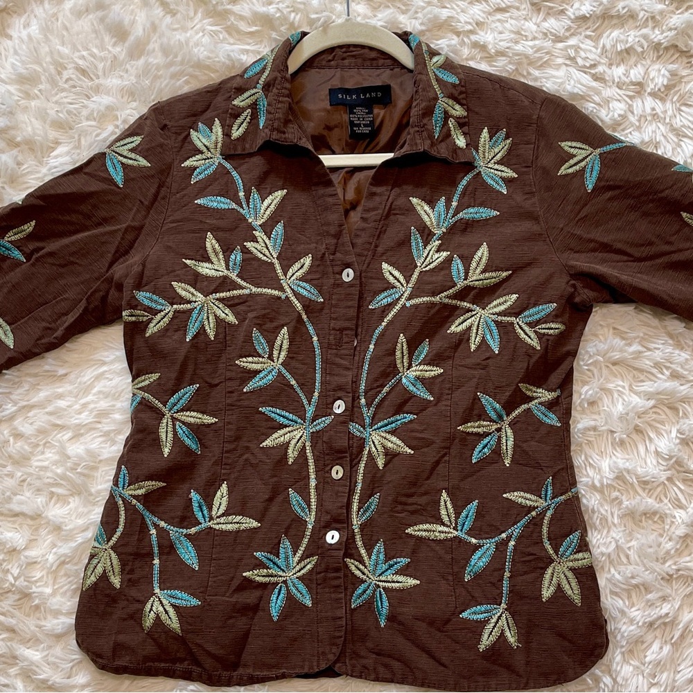 Silkland Brown Jacket 100% Silk Embroidered Button-Front Boho Floral Large - Picture 4 of 7